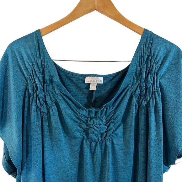 Fashion Bug Blue Marled Plus Size Top 2X Ruched Details Stretch Jersey Knit Top - Picture 2 of 5